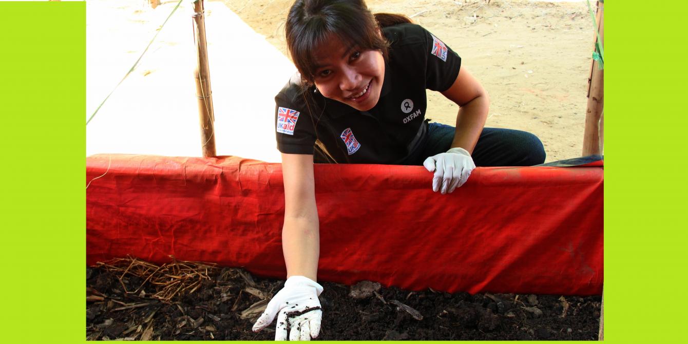 Mee Mee Htun is holding tiger worms, Photo: Rhea Catada/ Oxfam Mee Mee Htun is holding tiger worms in smiling face